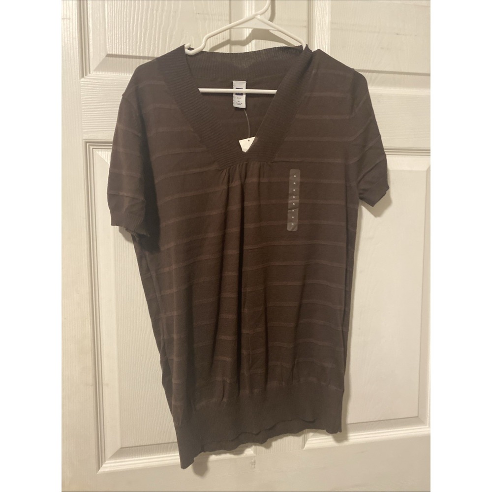 Gap Women's Brown Horizontal Striped V Neck Casual Short Sleeve Sweater - Sz XL